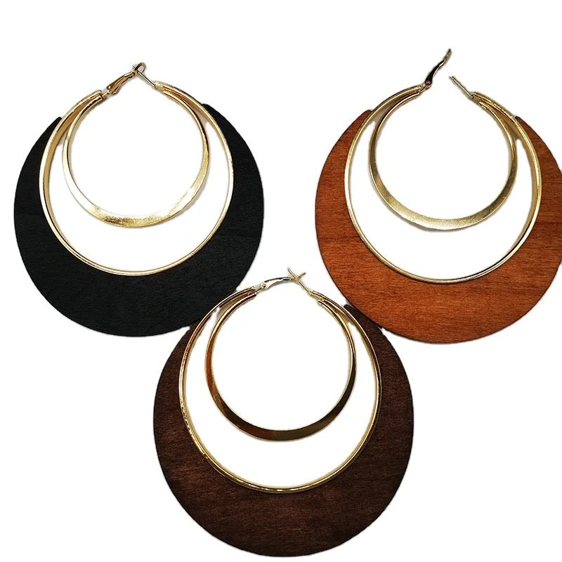 Newest Huge Gold Hoop Earrings With Wood.