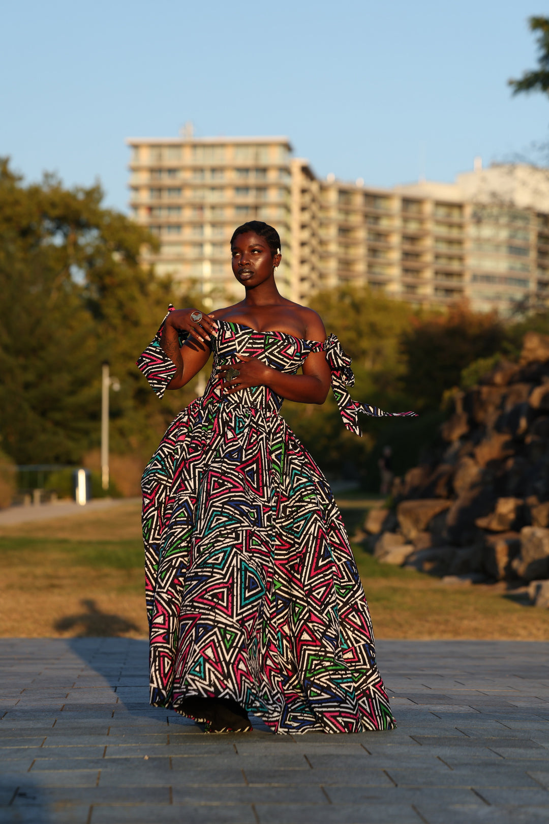 African print corset long maxi dress with tie on sleeves.