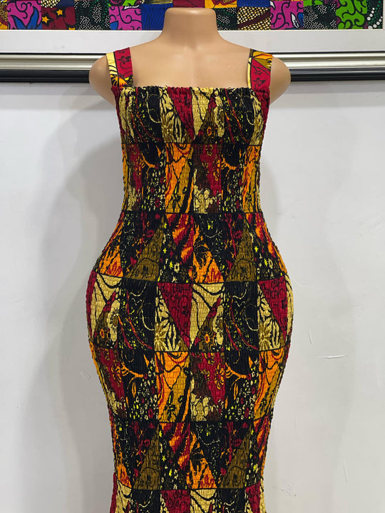 African print smoked body-con dress.