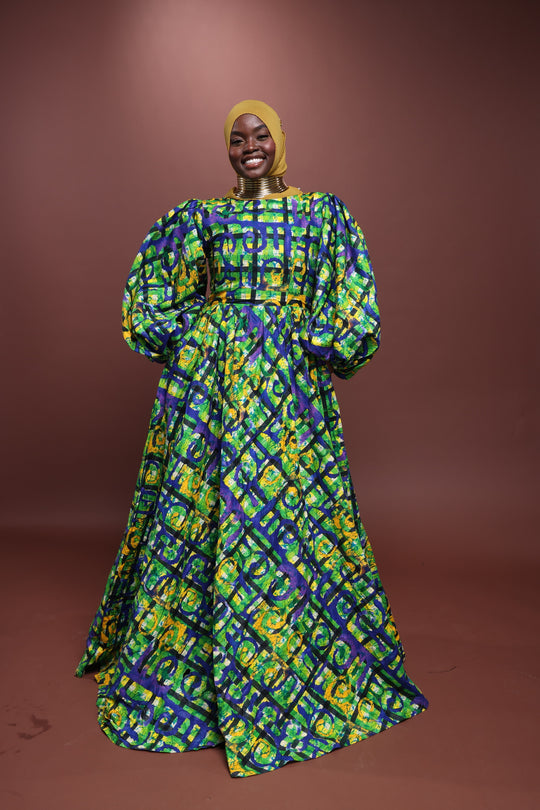 African print long maxi dress with puffy sleeves, African print long dress.