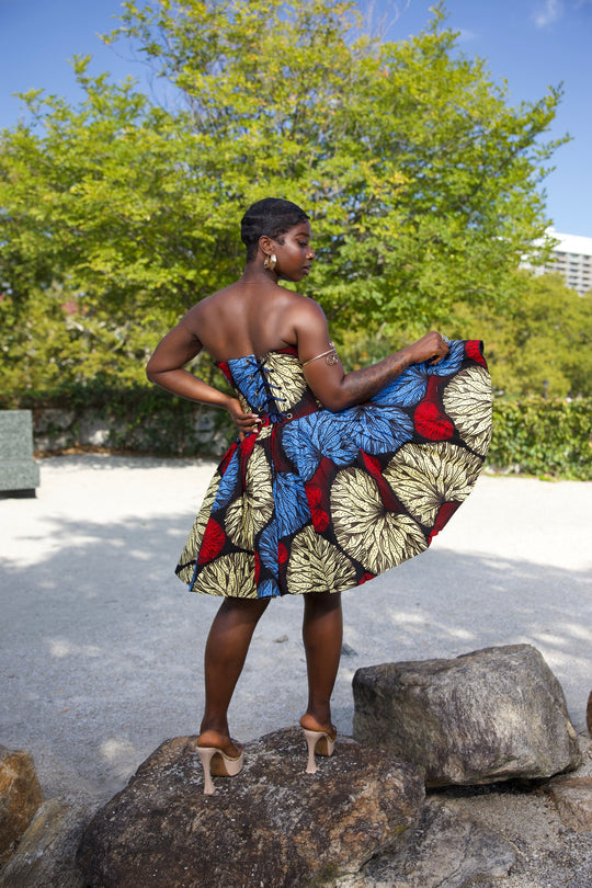 African print short corset dress with pockets.