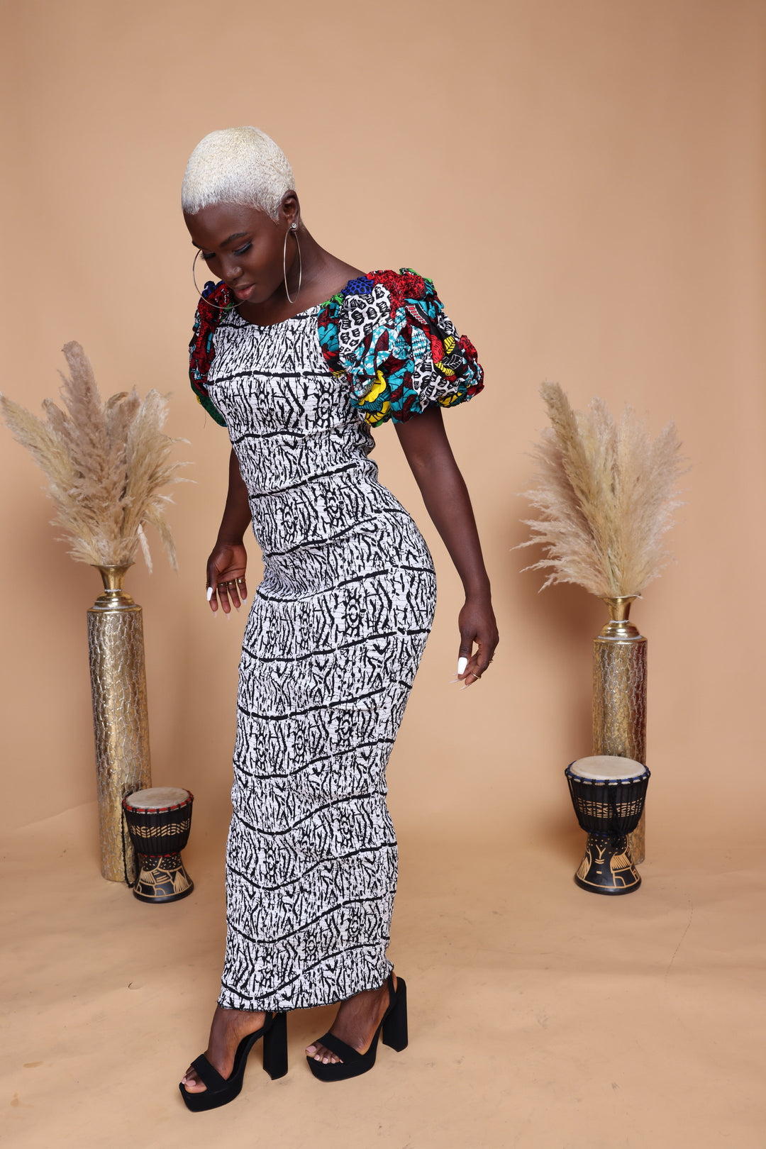 African smoked puffy sleeves body-con dress.