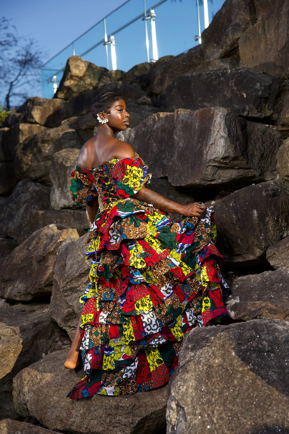 Niouma African print high waisted patches ruffled skirt set.