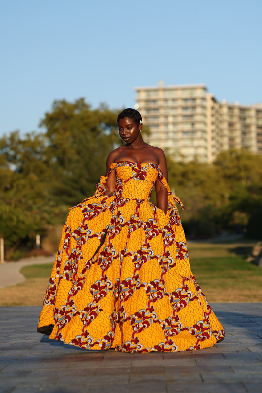 African print corset long maxi dress with tie on sleeves.