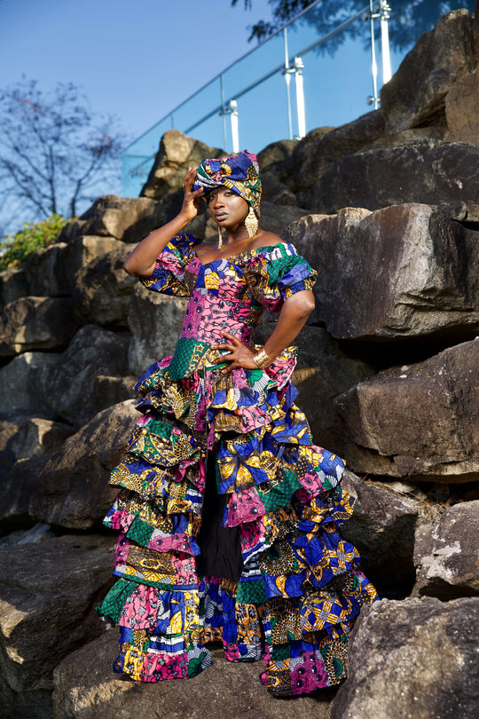 Niouma African print high waisted patches ruffled skirt set.