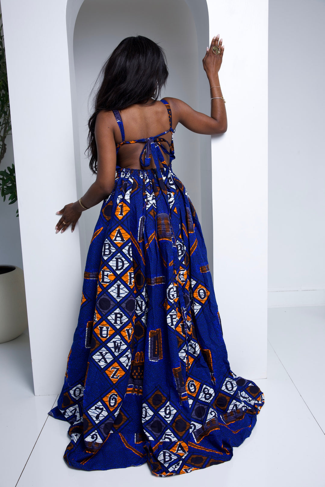 African print long maxi dress with open bareback.