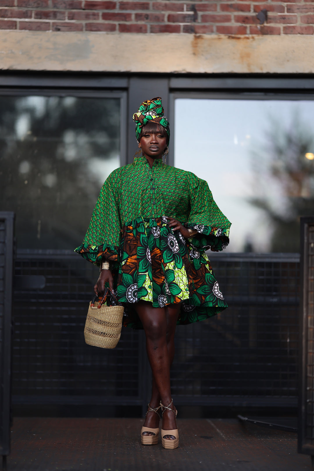 African print short A line dress with pockets.