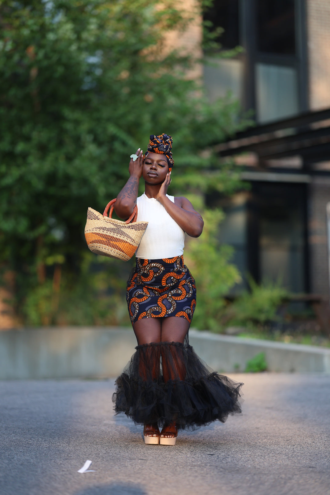 African print skirt with tulle and matching headwrap.