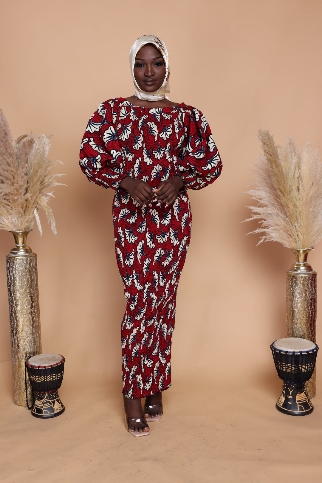 African print smoked puffy sleeves bodycon dress.