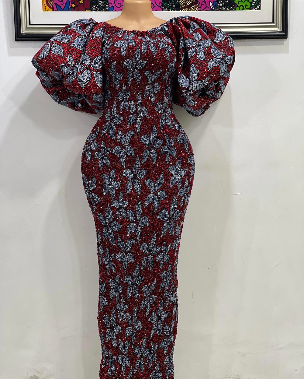 African print stretchy puff sleeve bodycon dress.