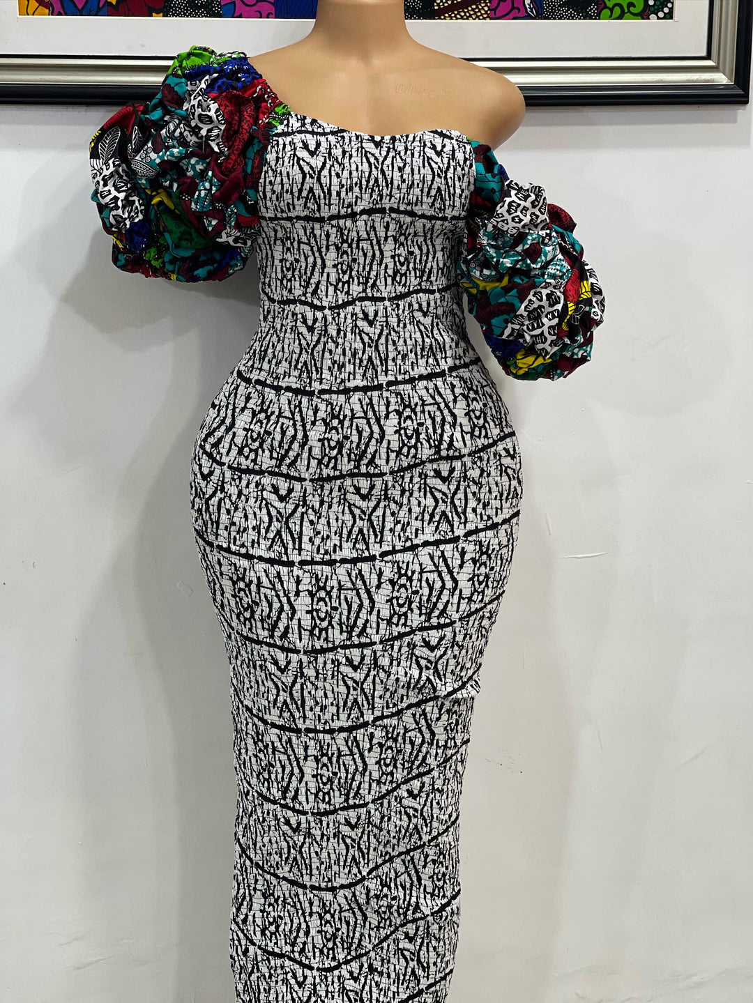 African smoked puffy sleeves body-con dress.