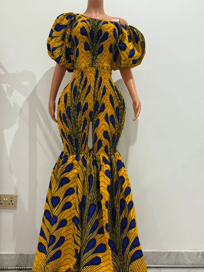 Off Shoulder African Print Stretchy Bell Bottom Jumpsuit.