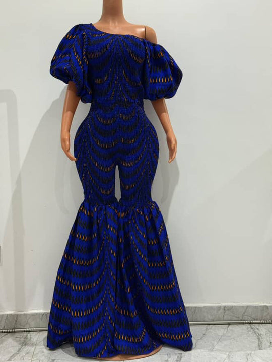 Off Shoulder African Print Stretchy Bell Bottom Jumpsuit.