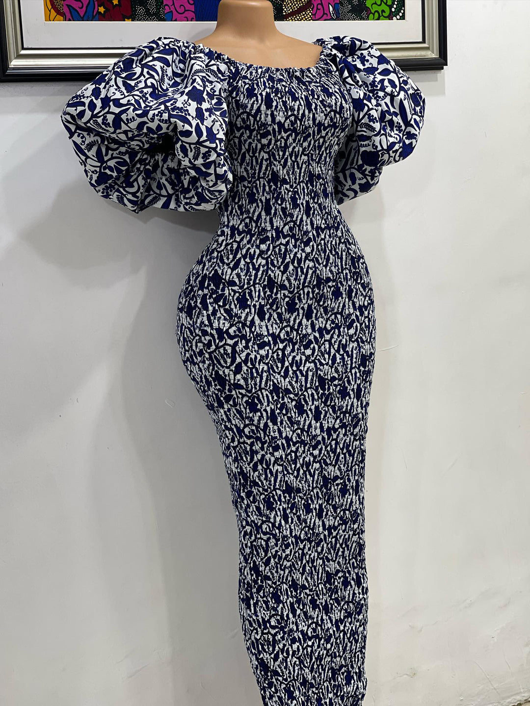 African print stretchy puff sleeve bodycon dress.