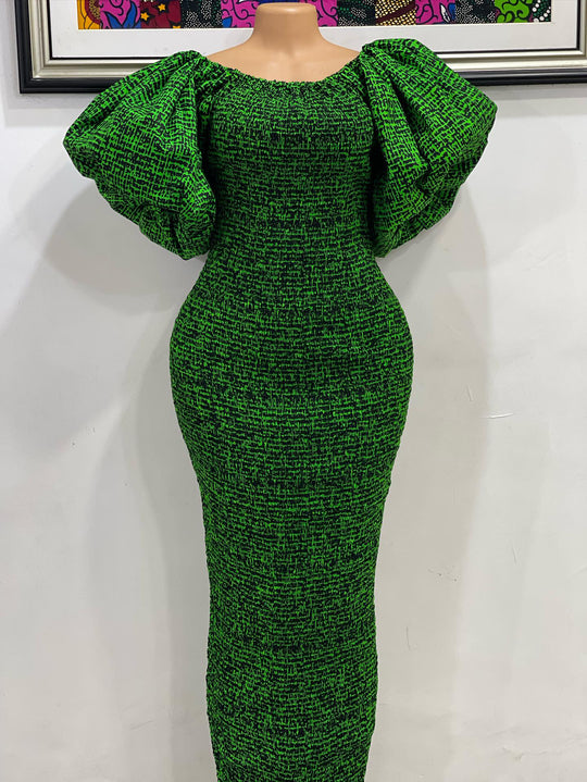 African print stretchy puff sleeve bodycon dress.