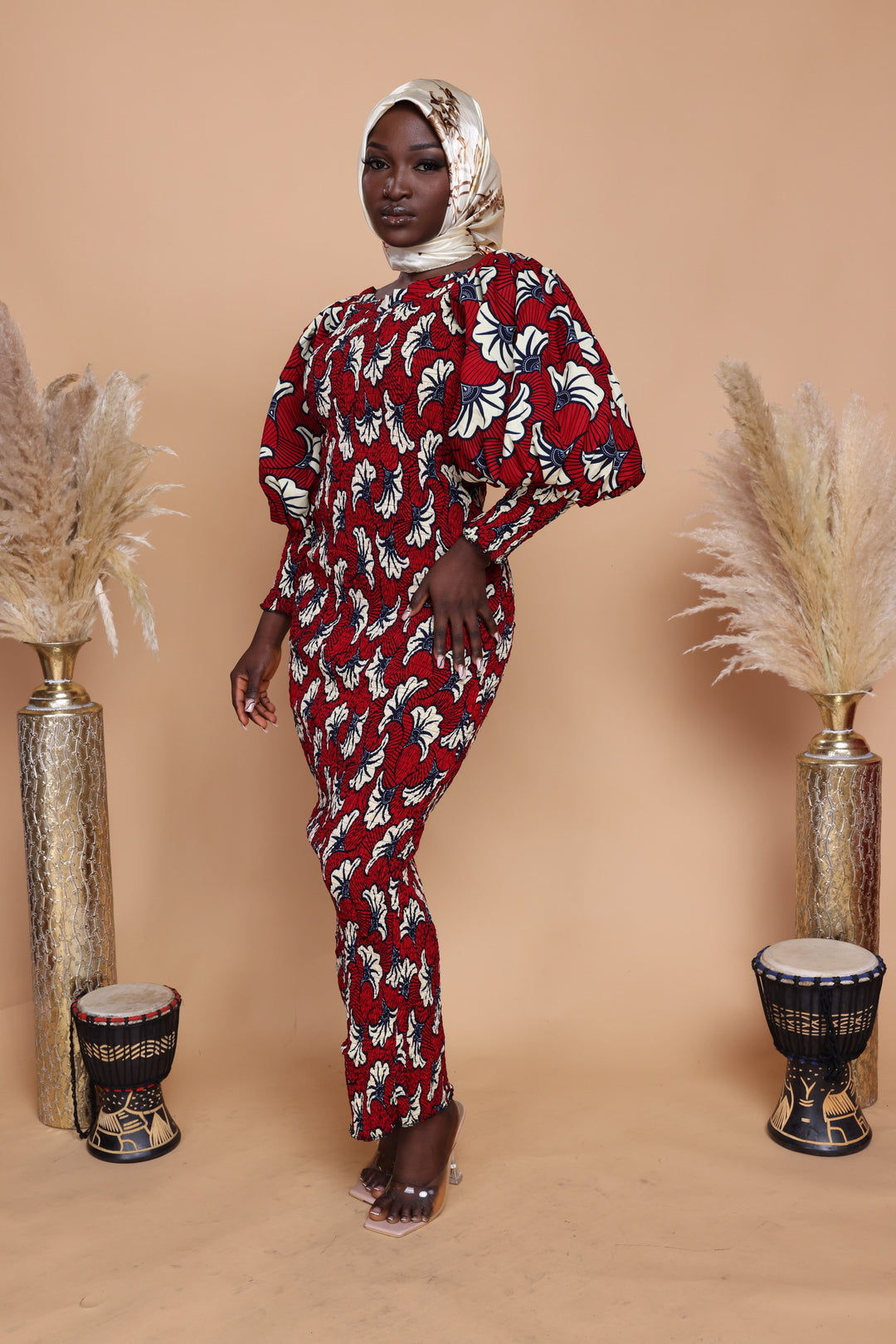 African print smoked puffy sleeves bodycon dress.