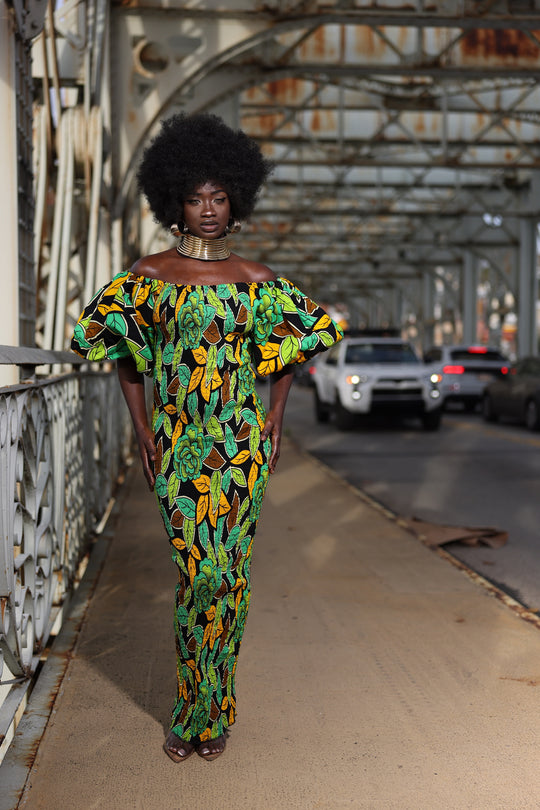 African print stretchy puff sleeve bodycon dress.