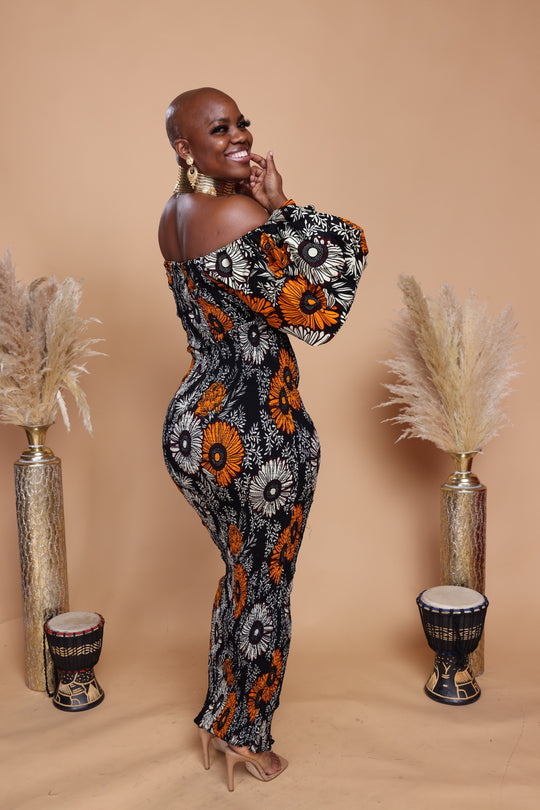 African print stretchy puff sleeve bodycon dress.