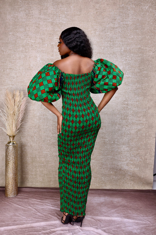 African print stretchy puff sleeve bodycon dress.