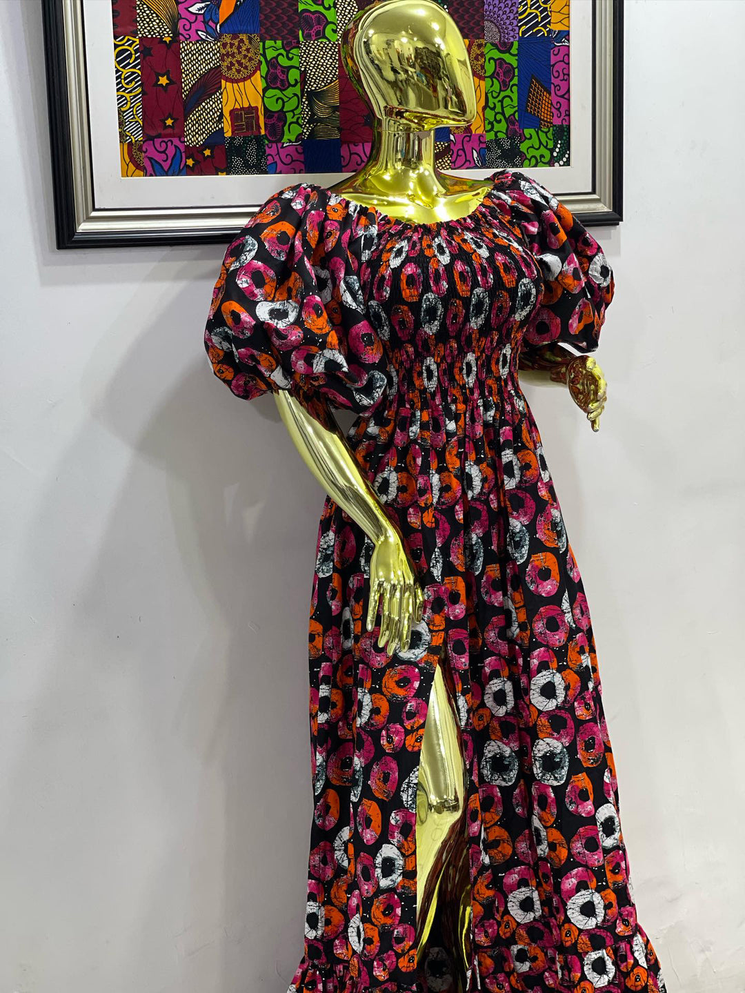 African print stretchy puffy sleeves long maxi dress.