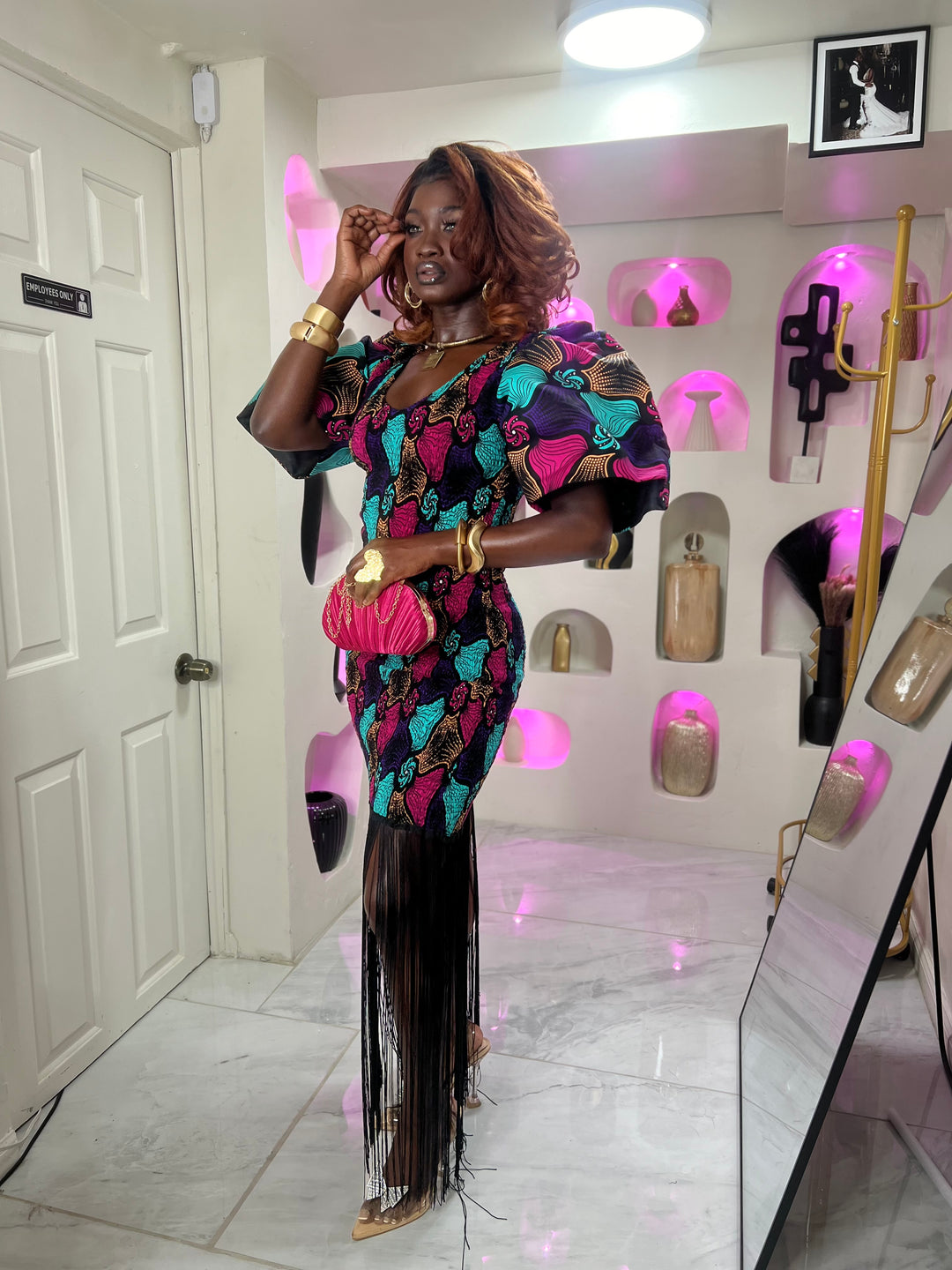 African print stretchy bodycon dress with dripping fringe.