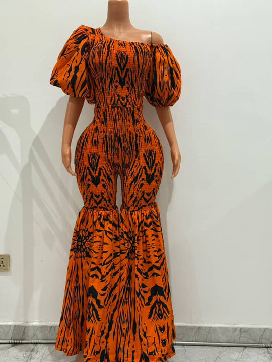 Off Shoulder African Print Stretchy Bell-Bottom Jumpsuit.