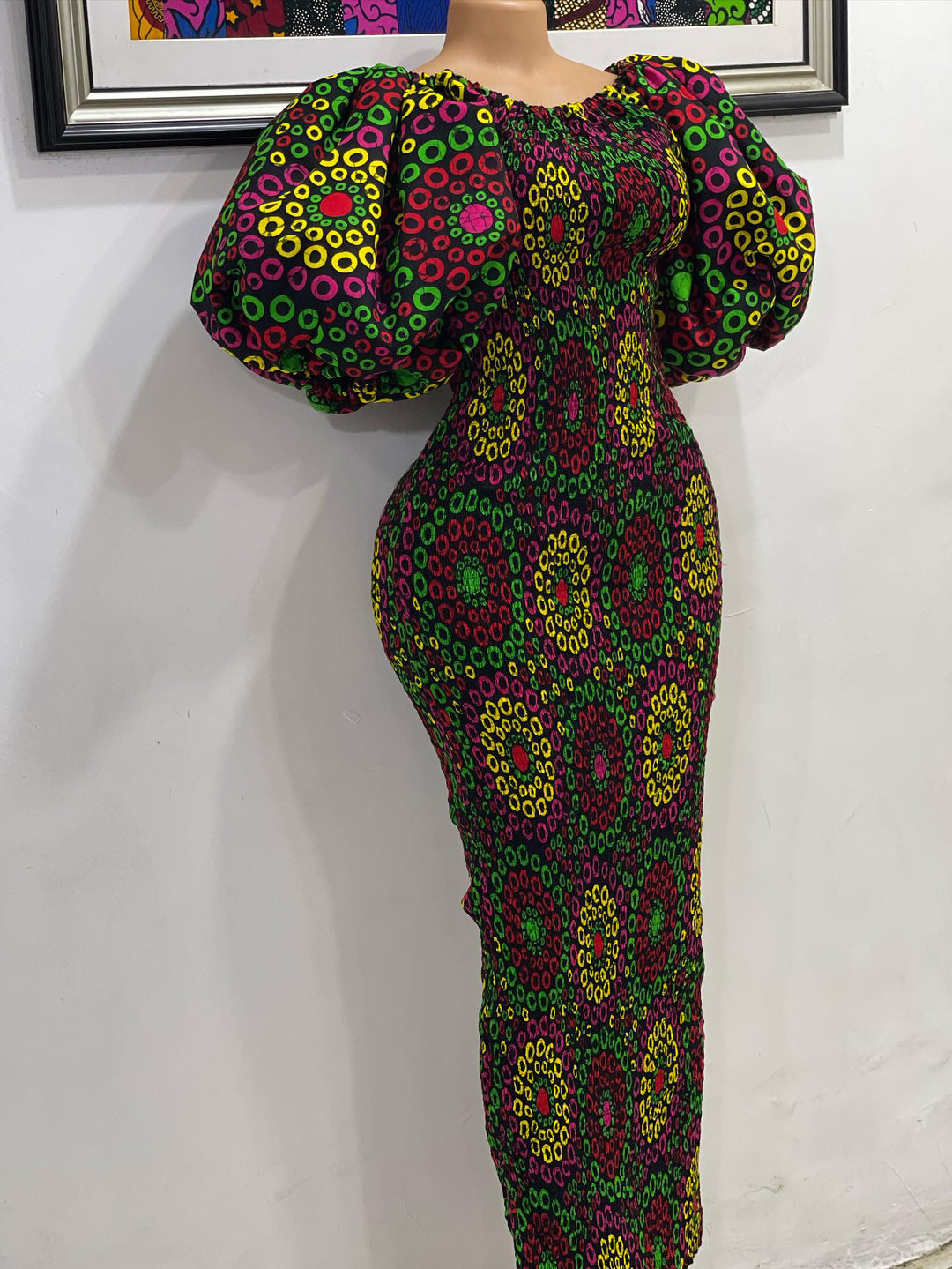 African print stretchy puff sleeves bodycon dress.