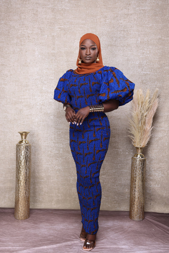 African print stretchy puff sleeve bodycon dress.