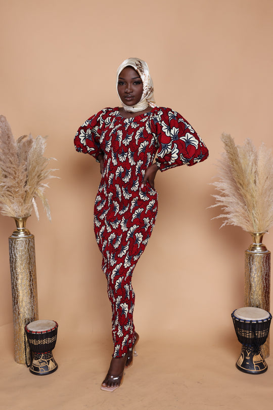 African print smoked puffy sleeves bodycon dress.