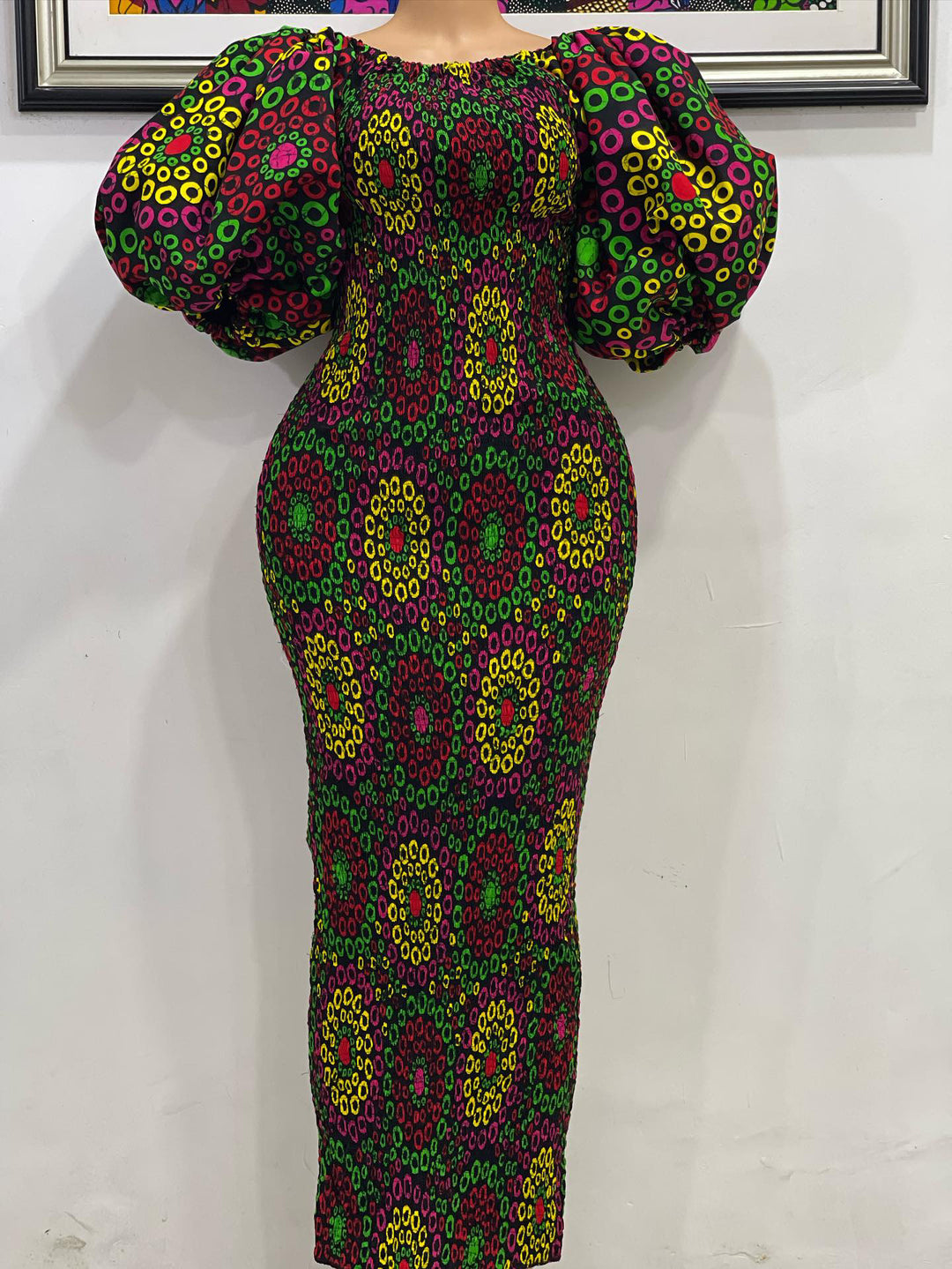 African print stretchy puff sleeves bodycon dress.