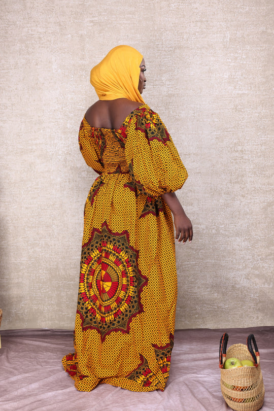 African print stretchy puffy sleeves long maxi dress.