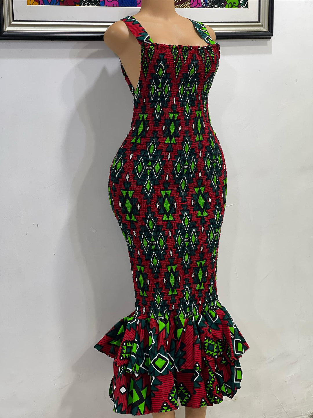 African print smoked body-con dress.