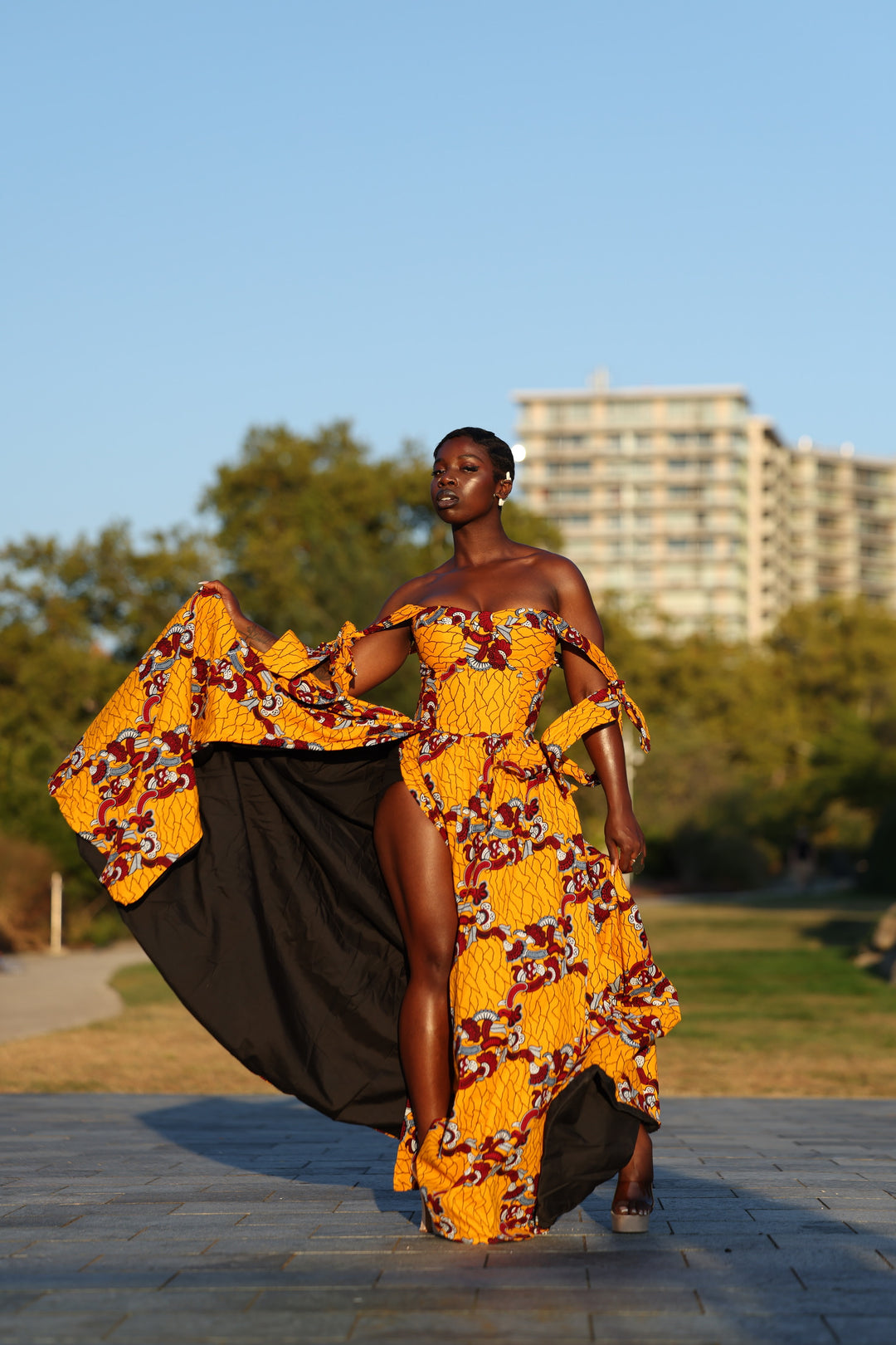 African print corset long maxi dress with tie on sleeves.