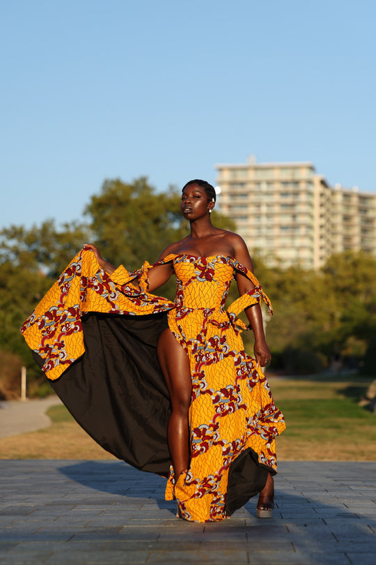 African print corset long maxi dress with tie on sleeves.