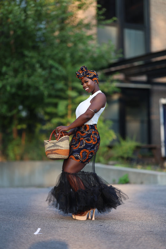 African print skirt with tulle and matching headwrap.