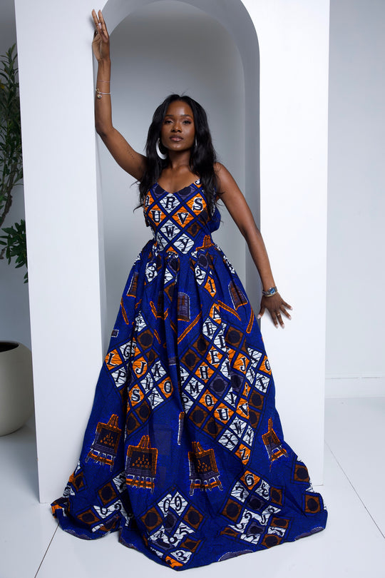 African print long maxi dress with open bareback.