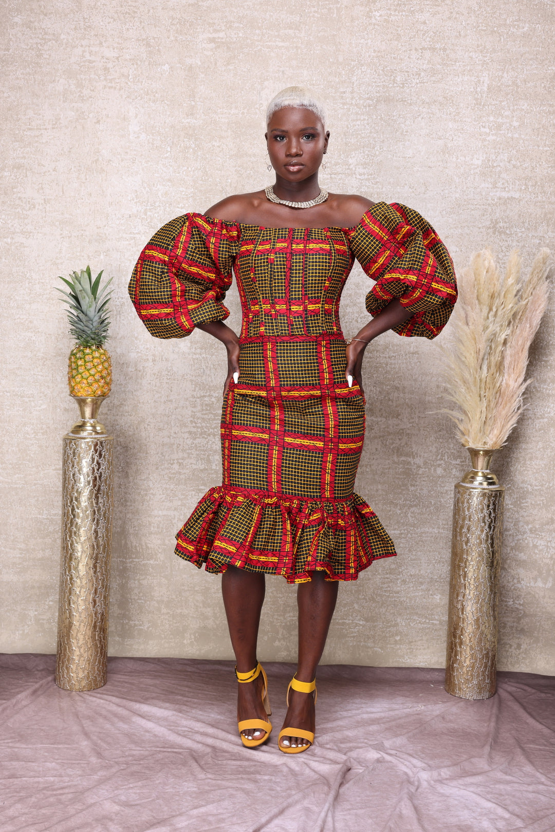 African print short corset dress.