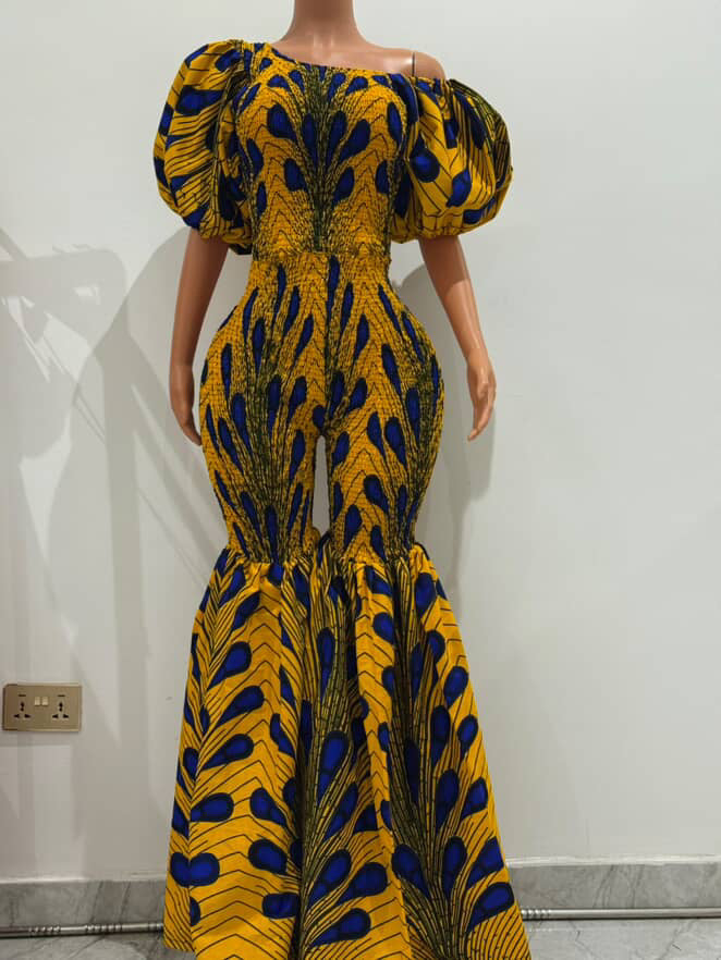 Off Shoulder African Print Stretchy Bell Bottom Jumpsuit.