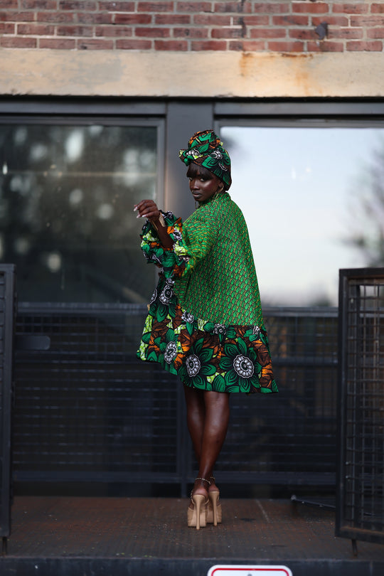 African print short A line dress with pockets.