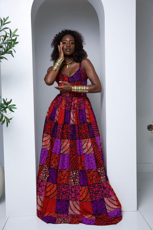 African print long maxi dress with open bareback.