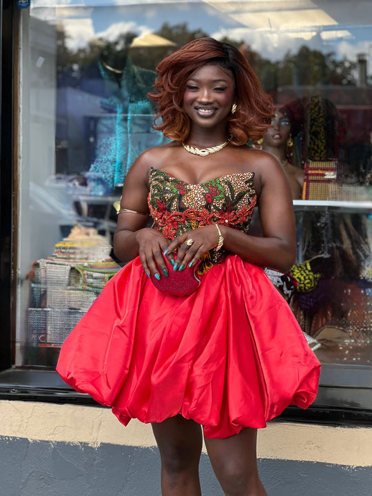 African Print Corset Mini Dress with Luxurious Liquid Satin Bubble Skirt