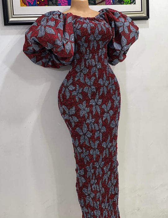 African print stretchy puff sleeve bodycon dress.