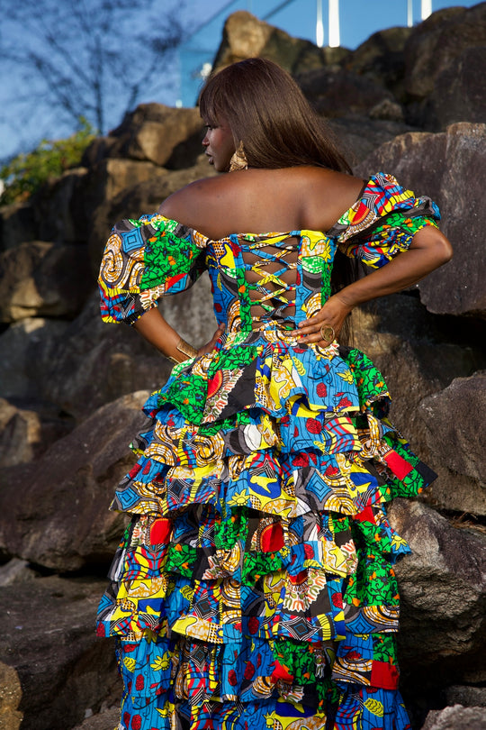 Niouma African print high waisted patches ruffled skirt set.