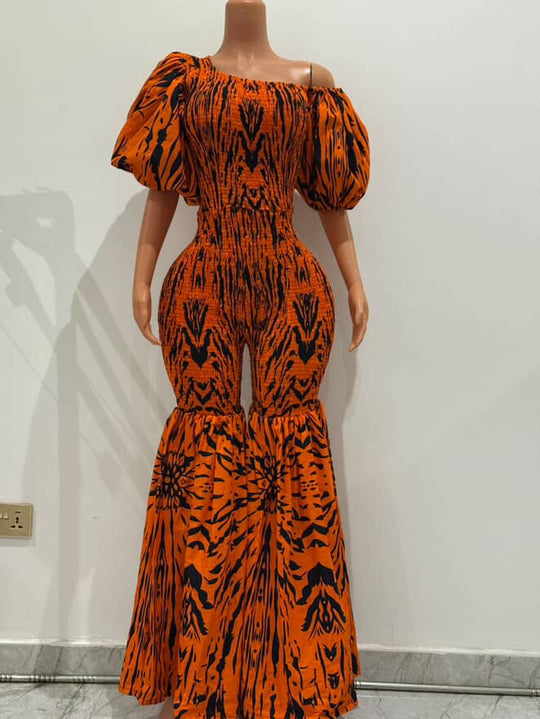 Off Shoulder African Print Stretchy Bell-Bottom Jumpsuit.