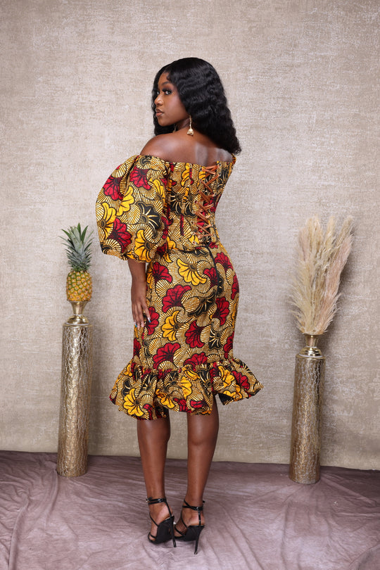 African print short corset dress.