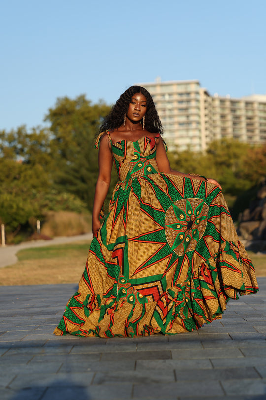 African print corset long maxi dress with tie on spaghetti sleeves.