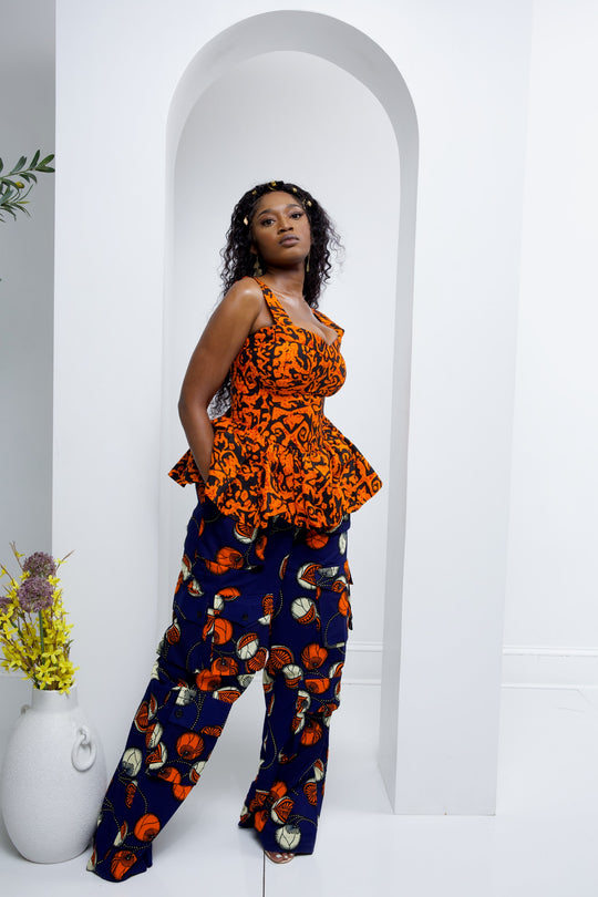 African print cargo pants with corset top. African print two pieces sets.