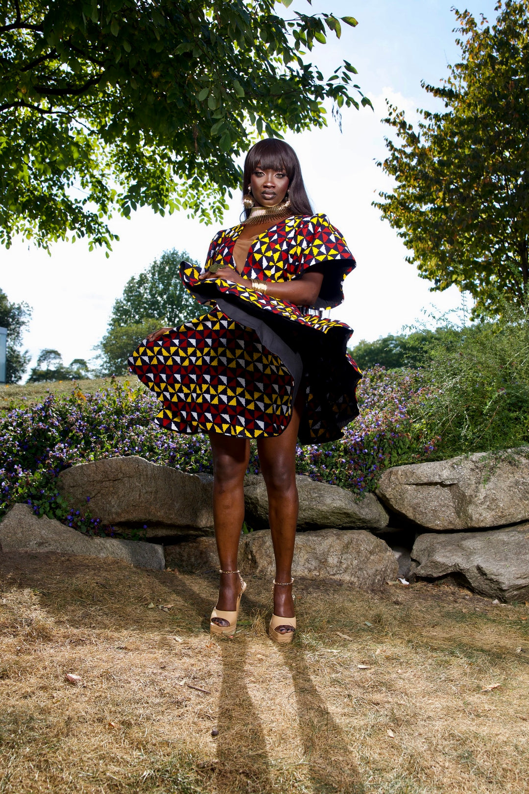 African print short peplum dress.