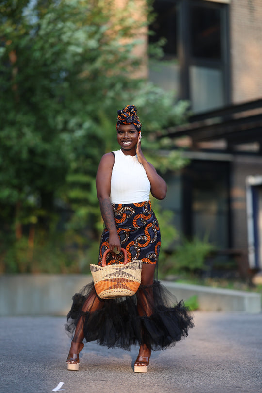 African print skirt with tulle and matching headwrap.