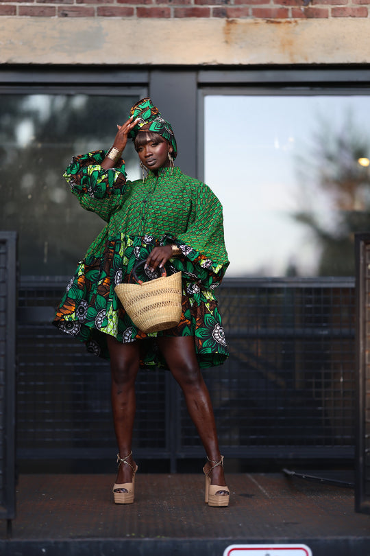 African print short A line dress with pockets.